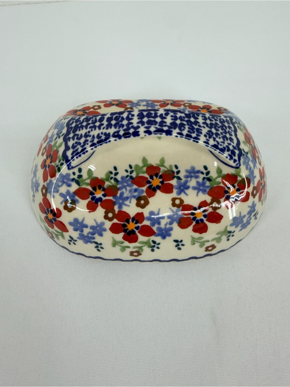 Polish Pottery Red Blue Floral Butter Dish Lid Only 6.5”